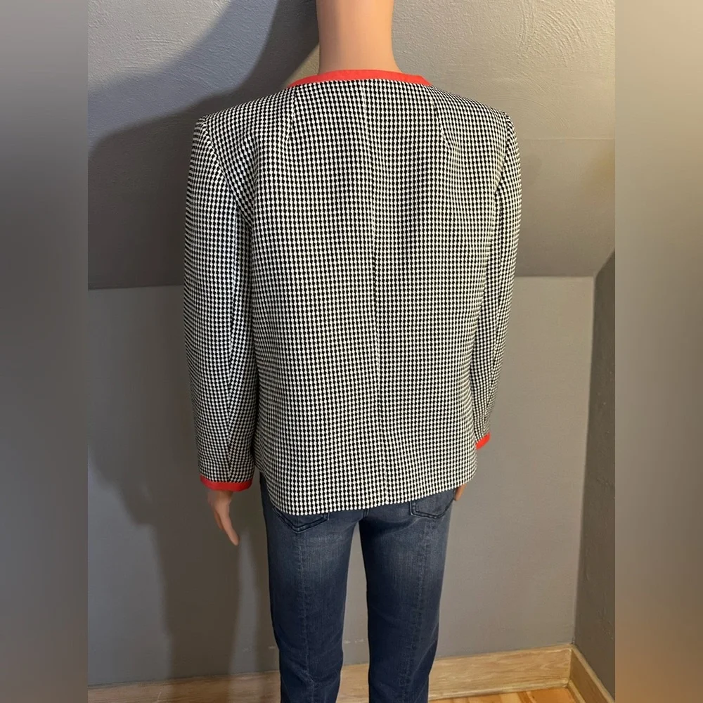 Nine West Houndstooth Jacket Coral Trim Open Front Blazer Size 8 GUC